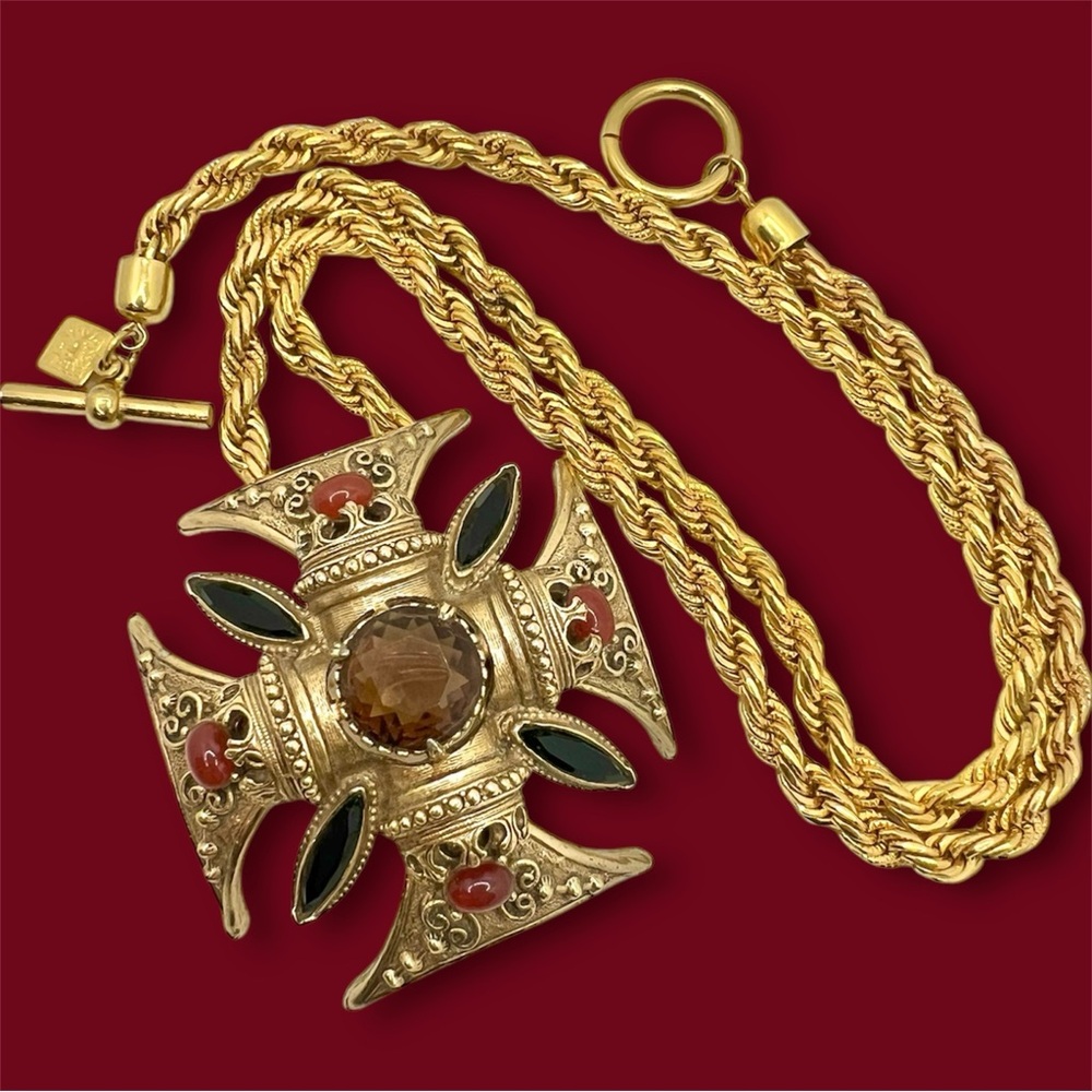 Florenza Gilt Jeweled Maltese Cross Pendant Topaz Carnelian Glass Rhinestone VTG